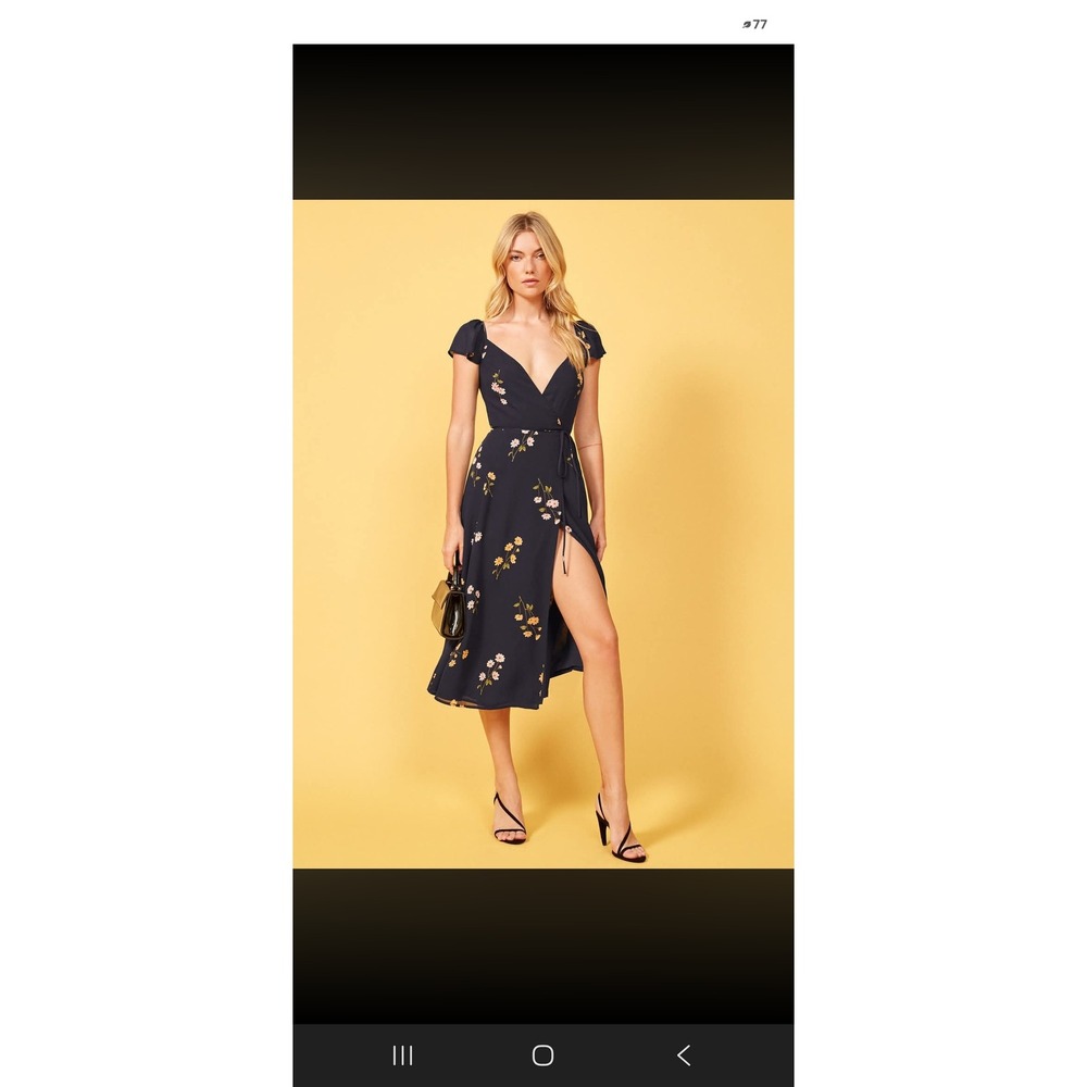 Reformation Black Floral Wrap Dress V-Neck Ruffle Hem Cap Sleeve Small DRW00018